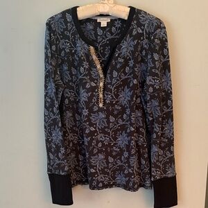 Sundance Black and Blue Floral Long Sleeve Top with decorative trim.